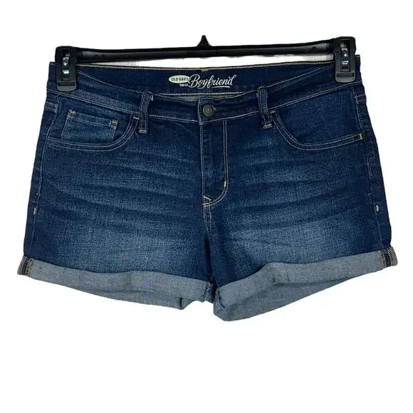 Old Navy SZ 8 Boyfriend Jean Shorts Cuffed Mid-Rise Zip-Fly Whiskered Dark Wash - Picture 1 of 6